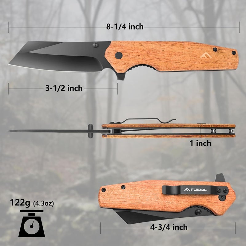 FLISSA Folding Knife, 4-3/4" Reverse Tanto Folding Pocket Knife, Black Stonewash Blade, Wood Handle, for Hunting, Survival, Camping and Outdoor Activities, Great Gifts for Dad, Husband, Friend - Image 2